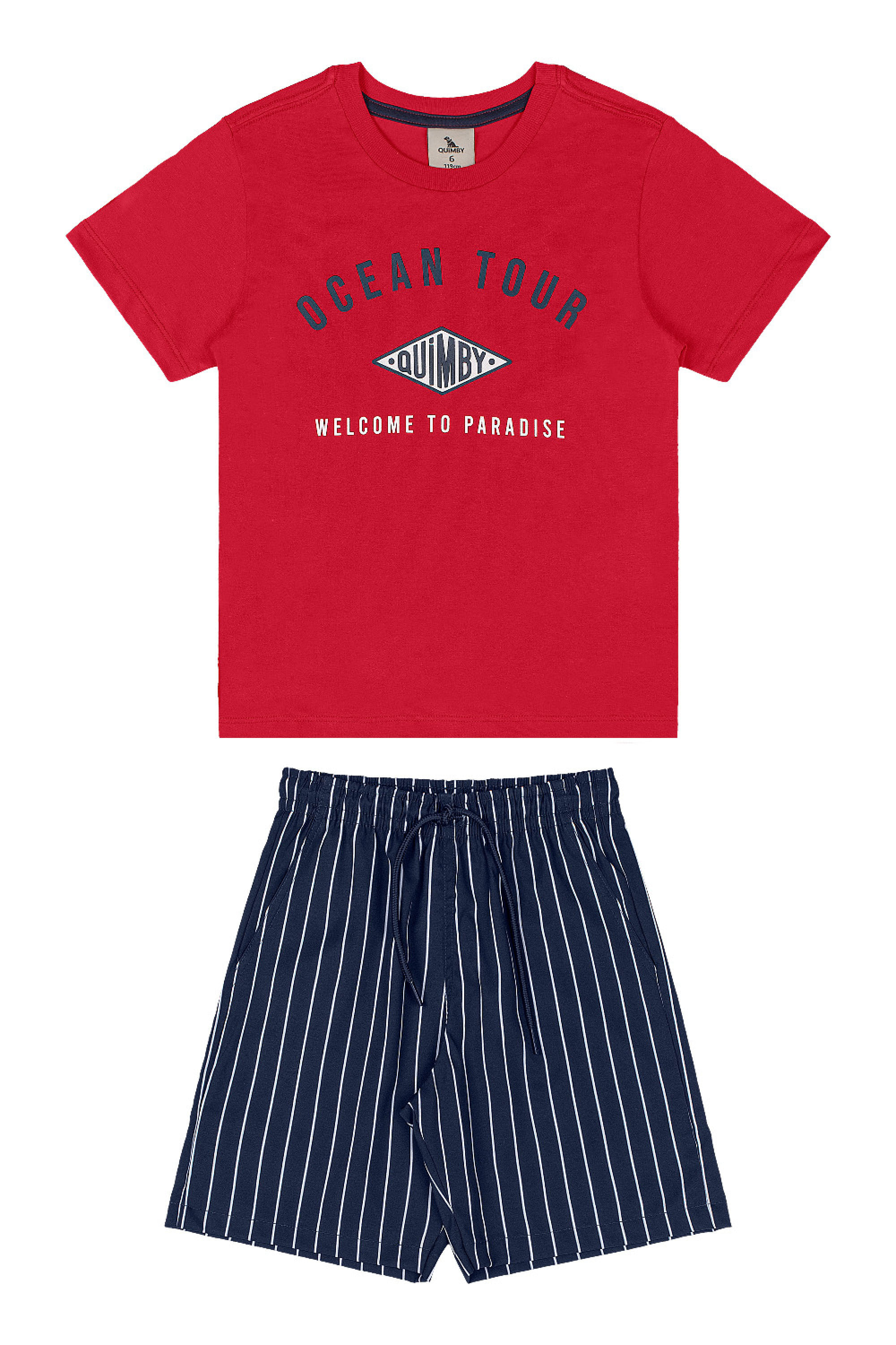 Conjunto Infantil com Camiseta e Bermuda Listrada (Vermelho) Quimby - Imagem 2
